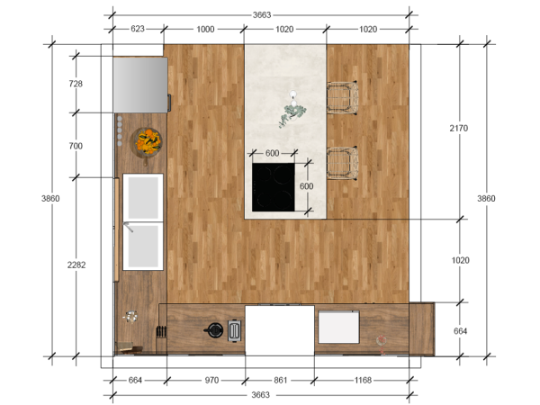 A floor plan of a kitchen showing the layout of cabinets, appliances, and countertops.