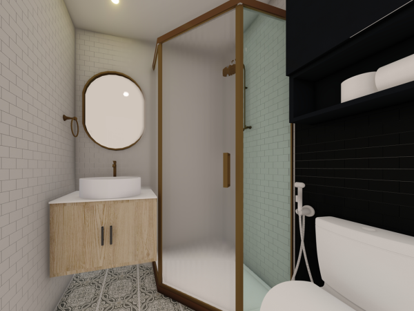 A modern bathroom with a white subway tile wall, a round mirror, and a glass shower enclosure.