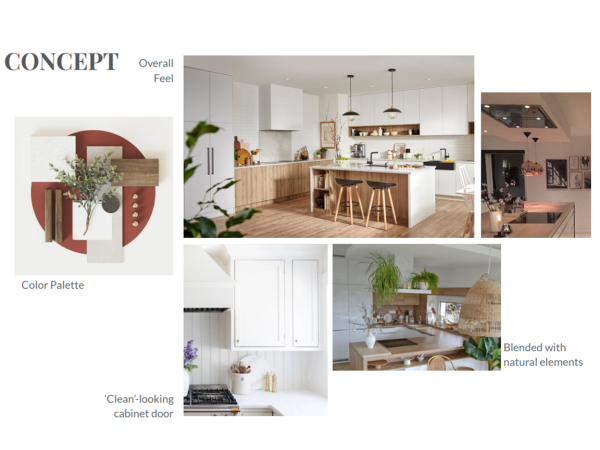 A visual mood board showcasing design elements for a kitchen renovation, including a color palette, cabinet styles, and natural elements.