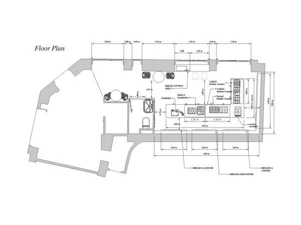 A blueprint of a bakery layout, showcasing the counter, kitchen area, and seating arrangement.