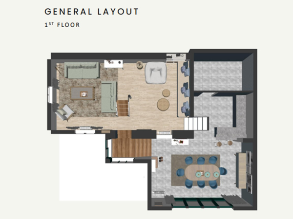 A floor plan of a house showing the layout of the living room, dining room, kitchen, and other spaces.