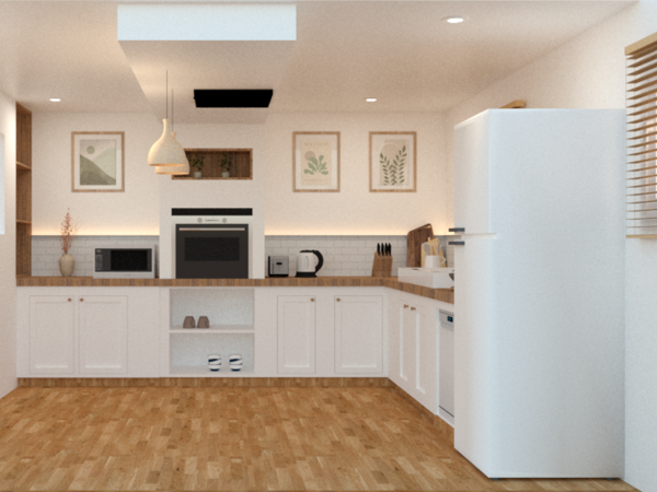 A modern kitchen with white cabinets, wood countertops, and a minimalist design.