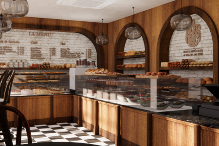 A 3D rendering of a bakery interior, showcasing a display case filled with pastries, a menu board, and a checkered tile floor.