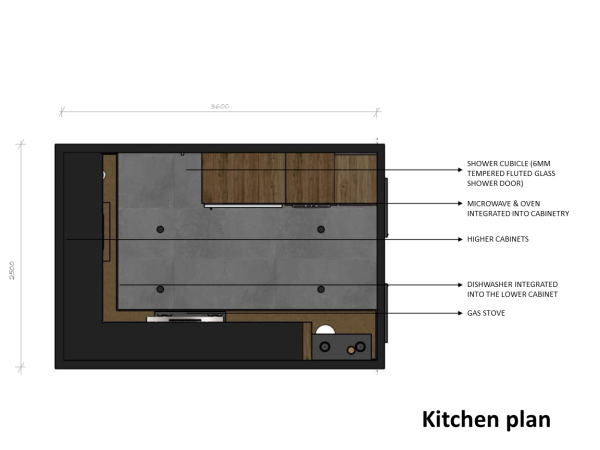 A floor plan of a kitchen, showing the layout of cabinets, appliances, and a gas stove.