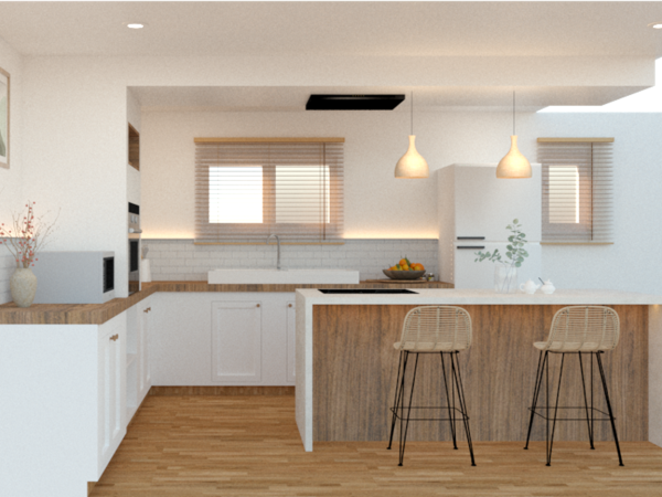 A modern kitchen with white cabinets, wood countertops, and a minimalist design.