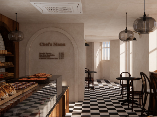 A 3D rendering of a bakery interior, showcasing a display case filled with pastries, a menu board, and a checkered tile floor.
