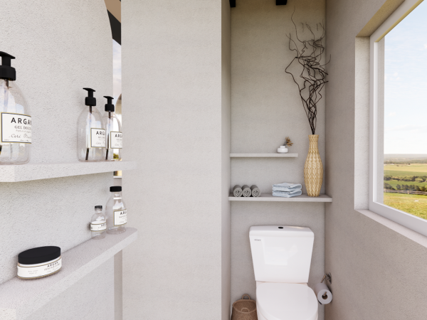 A small, minimalist bathroom with a toilet, sink, and shelves.