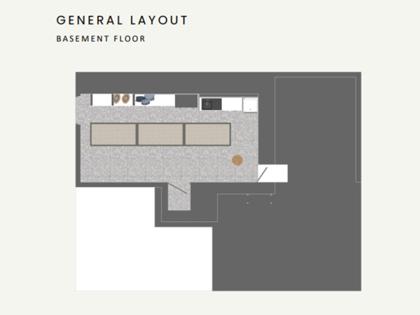 A floor plan of a basement showing the layout of a wine cellar, storage area, and utility room.