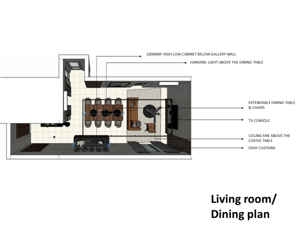 A floor plan of a living and dining room, showing the layout of furniture including a dining table, chairs, a TV console, and a sofa.