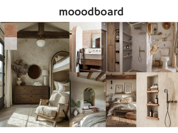 A mood board showcasing a rustic and earthy bedroom design with natural materials and warm tones.