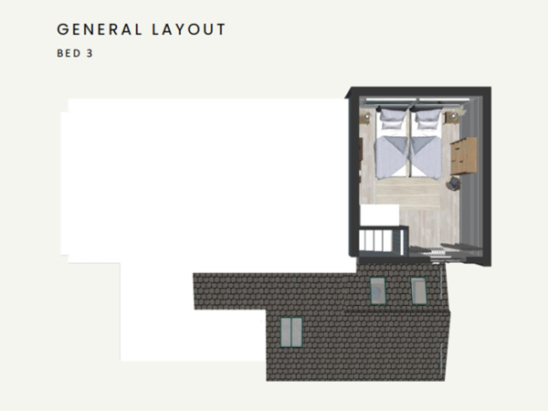 A floor plan of a bedroom showing the layout of a bed, nightstands, and a wardrobe.