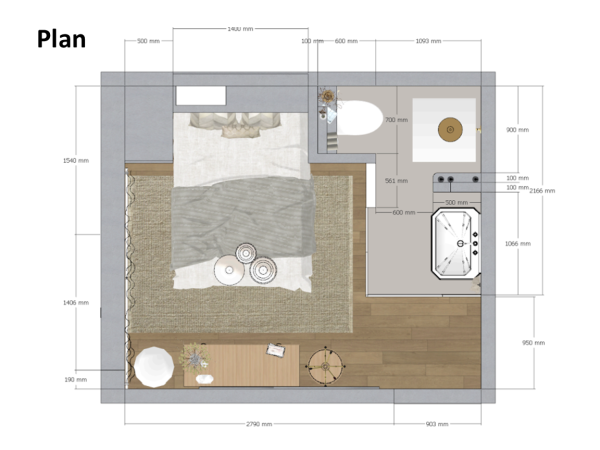 A floor plan of a small bedroom with a bathroom attached, showcasing the layout of furniture and fixtures.