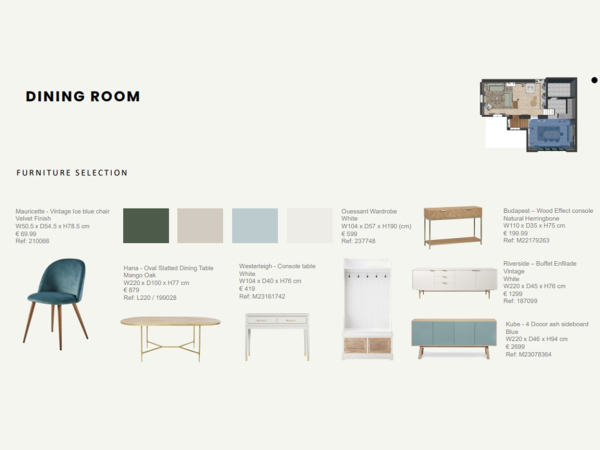 A visual mood board showcasing furniture selections for a dining room, including chairs, tables, and storage pieces.