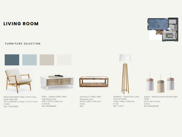 A visual mood board showcasing furniture selections for a living room, including a sofa, coffee tables, a floor lamp, and pendant lights.