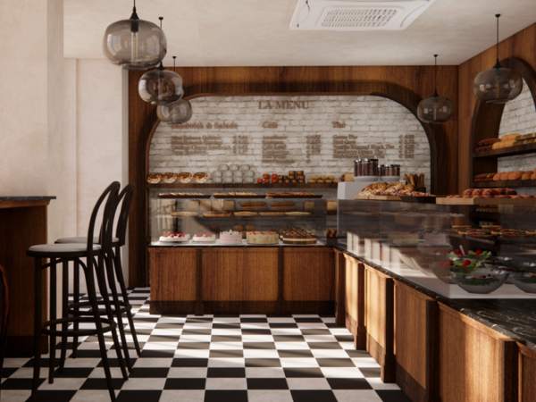A 3D rendering of a bakery interior, showcasing a display case filled with pastries, a menu board, and a checkered tile floor.