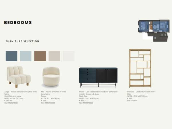 A visual mood board showcasing furniture selections for a bedroom, including armchairs, a sideboard, and a bookshelf.