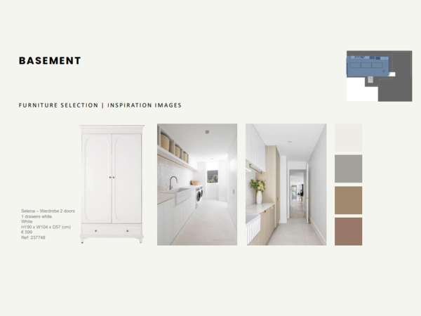 A visual mood board showcasing furniture selections and inspiration images for a basement, including a white wardrobe, laundry room, and hallway.