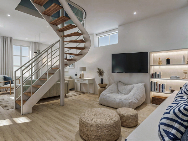 A modern living room with a curved wooden staircase, a large window, and a cozy seating area with a bean bag chair and ottomans.