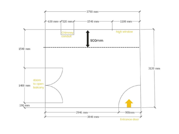 A floor plan of a small room with a high window, balcony doors, and a chimney conduit.