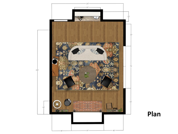 Top-down view of a living room floor plan with dimensions, featuring a sofa, coffee table, two armchairs, and a decorative rug. Additional furniture includes a bookshelf, side table, and plants, with architectural measurements marked.