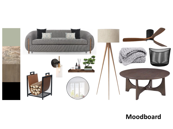 A moodboard showcasing a modern living room design with a gray sofa, wooden coffee table, floor lamp, fan, and other decor elements such as a woven blanket, bookshelf, and window details. The left side displays a color palette with natural tones.