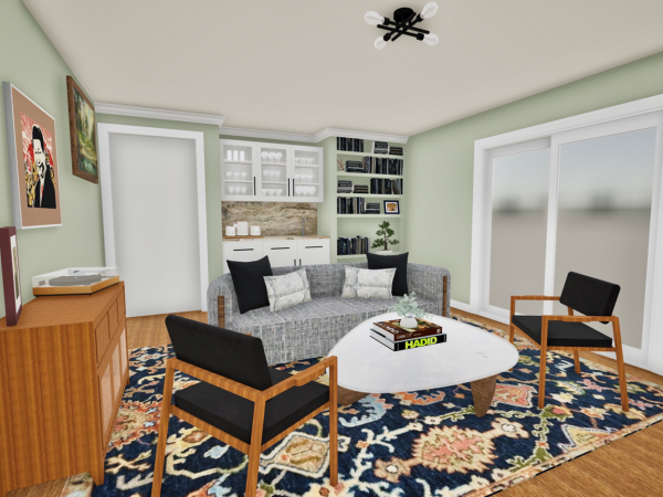 Living room with a gray sofa, black wooden chairs, and a patterned rug, complemented by a home bar area with white cabinetry and black bookshelves. The space also includes artwork, a record player, and large sliding doors.