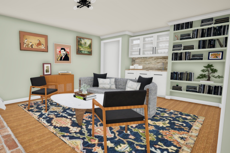 Living room featuring a gray sofa, black wooden chairs, patterned rug, artwork on the walls, and a home bar area with white cabinetry and bookshelves filled with black books.
